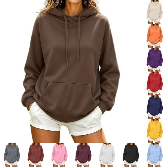 XIAONU Solid Color Hoodie For Women Relaxed Cut Long Sleeve Daily Pullover Sweatshirt