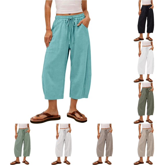 XIAONU Solid Cropped Wide Leg Pants for Women Drawstring Waist Side Pockets Loose Trousers