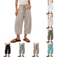 thumbnail image 1 of XIAONU Solid Cropped Wide Leg Pants for Women Drawstring Waist Side Pockets Loose Trousers, 1 of 7