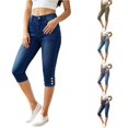 thumbnail image 1 of XIAONU Solid Denim Capri Pants for Women Button Detail Side Pockets Pants, 1 of 5
