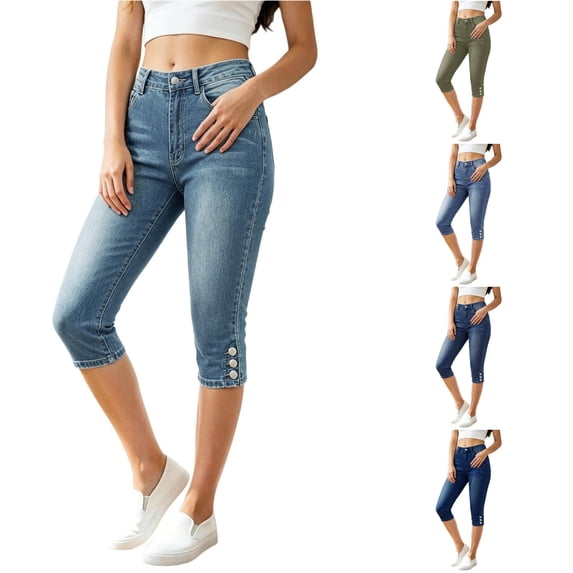 XIAONU Solid Denim Capri Pants for Women Button Detail Side Pockets Pants