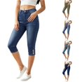 thumbnail image 1 of XIAONU Solid Denim Capri Pants for Women Button Detail Side Pockets Pants, 1 of 5