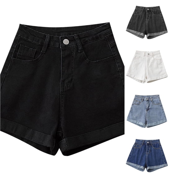 XIAONU Solid Denim Shorts for Women Hem Side Pockets Shorts