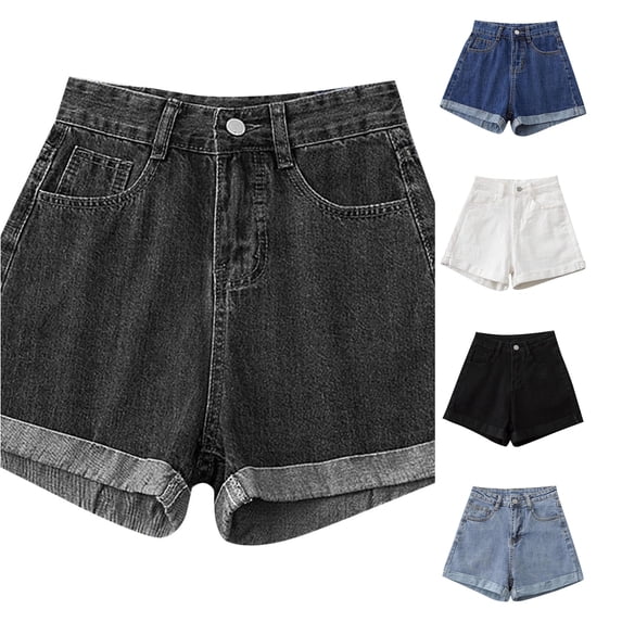 XIAONU Solid Denim Shorts for Women Hem Side Pockets Shorts