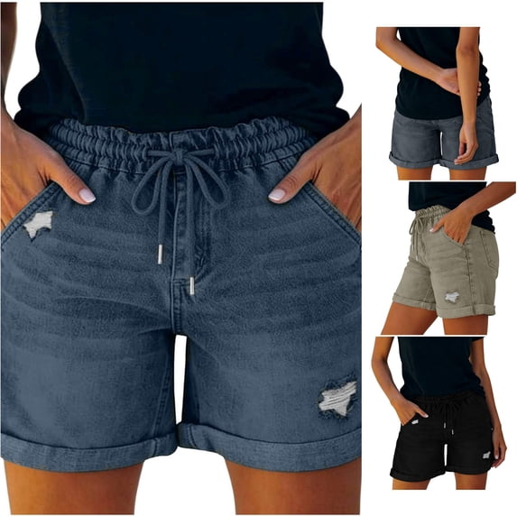 XIAONU Solid Denim Shorts for Women Drawstring Waist Daily Wear Shorts