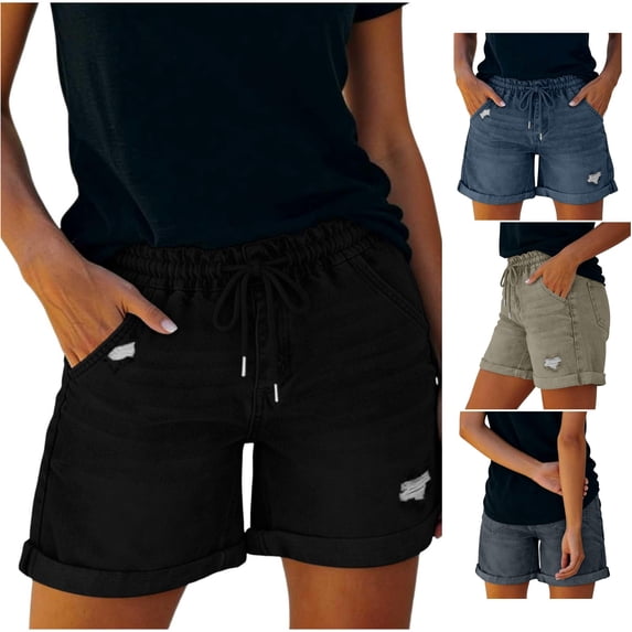 XIAONU Solid Denim Shorts for Women Drawstring Waist Daily Wear Shorts