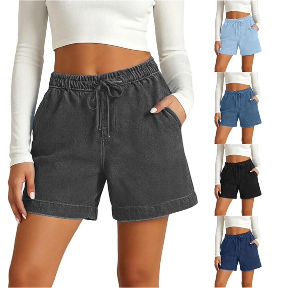 XIAONU Solid Denim Shorts for Women Elastic Waist Side Pockets Shorts