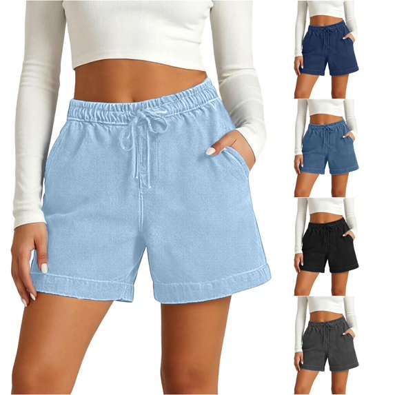 XIAONU Solid Denim Shorts for Women Elastic Waist Side Pockets Shorts