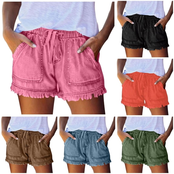 XIAONU Solid Denim Shorts for Women Ruffled Drawstring Waist Vacation Wear Shorts