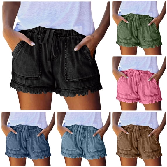 XIAONU Solid Denim Shorts for Women Ruffled Drawstring Waist Vacation Wear Shorts