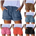thumbnail image 1 of XIAONU Solid Denim Shorts for Women Ruffled Drawstring Waist Vacation Wear Shorts, 1 of 6