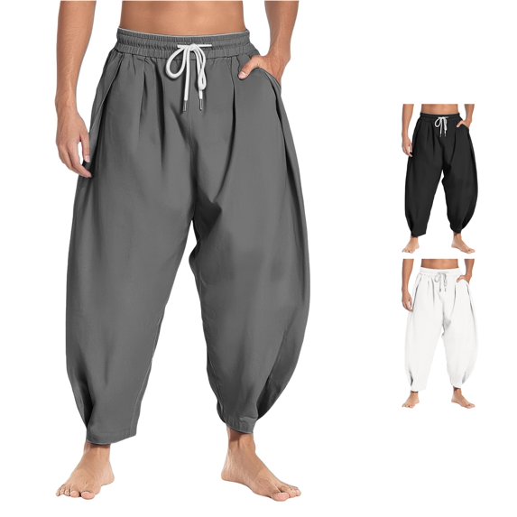 XIAONU Solid Harem Pants Mens Drawstring Waist Side Pockets Pants