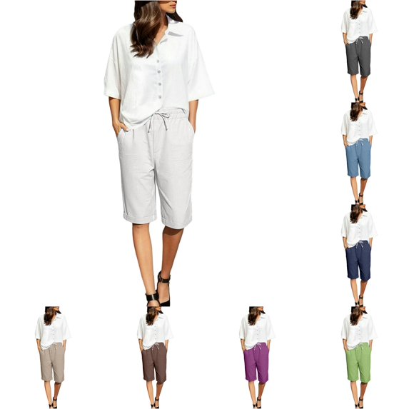 XIAONU Solid Knee Length Shorts for Women Drawstring Waist Side Pockets Shorts