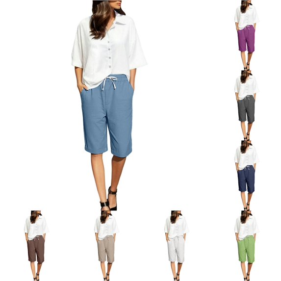 XIAONU Solid Knee Length Shorts for Women Drawstring Waist Side Pockets Shorts