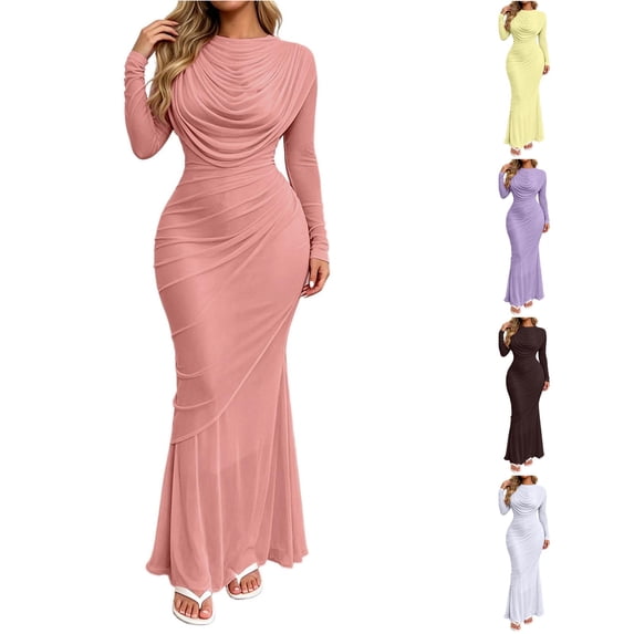 XIAONU Solid Mermaid Dress For Women Long Sleeve Cowl Neck Ruched Bodycon Evening Gown
