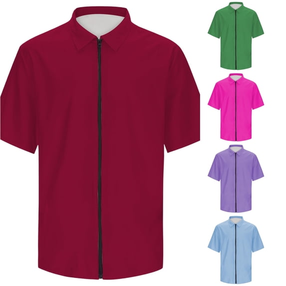 XIAONU Solid Print Shirt for Men Short Sleeve Zip Front Outdoor Tops