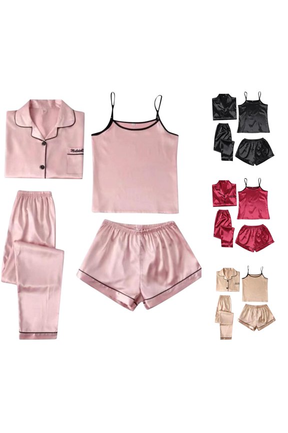 Solid Satin 4 Piece Sleep Sets For Women Multi Piece Elastic Waist Night Sleep Separates