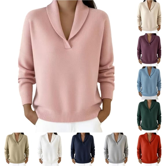 XIAONU Solid Shawl Collar Ribbed Knit Sweater For Women Loose Long Sleeve Daily Pullover Shirts