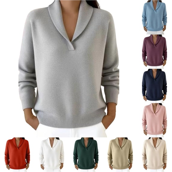 XIAONU Solid Shawl Collar Ribbed Knit Sweater For Women Loose Long Sleeve Daily Pullover Shirts