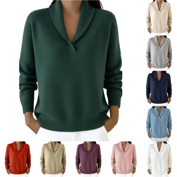 XIAONU Solid Shawl Collar Ribbed Knit Sweater For Women Loose Long Sleeve Daily Pullover Shirts