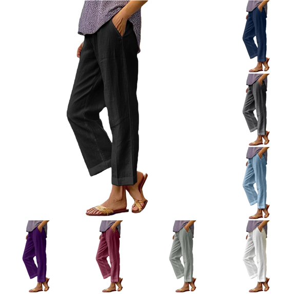 XIAONU Solid Straight Leg Pants for Womens Hem Side Pockets Full Length Trousers