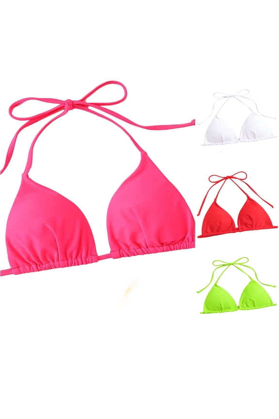 Solid Tie Halter Triangle Bikini Top for Women Plain Minimalist Summer Beach Pool Swim Separates