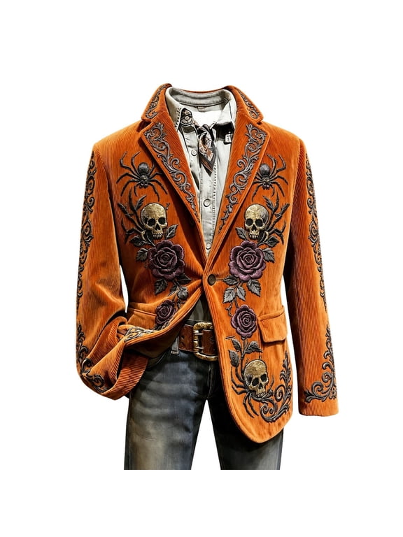 Spider Skull Blazer for Men Gothic Orange Rose Embroidered Notched Lapel Corduroy Coat