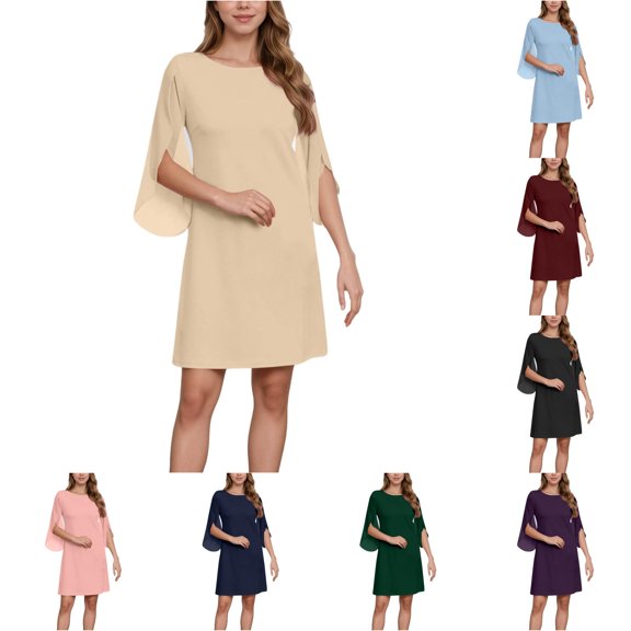 XIAONU Split Bell Sleeve Shift Dress for Women Round Neck Loose Straight Mini Dress