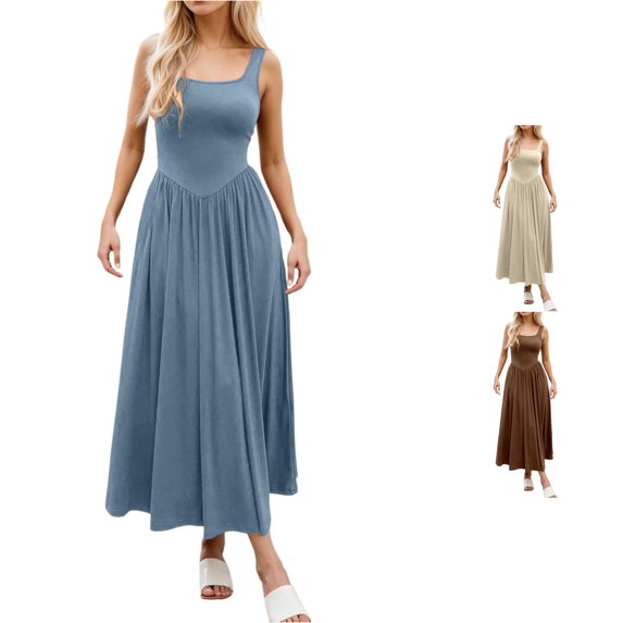 XIAONU Square Neck Tank Maxi Dress for Women High Waist Pleated Flowy Sleeveless Long Dress