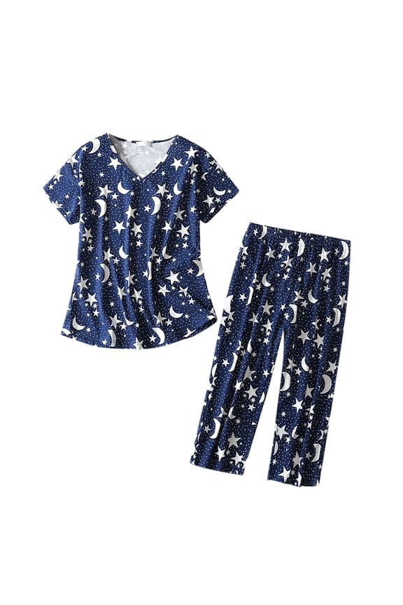 Star Moon Pattern Pajama Set for Women Short Sleeve V Neck Casual Sleepwear Capri Pant Set