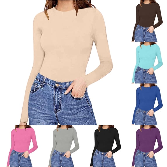 XIAONU Stretchy Long Sleeve Bodysuit for women Soft Crew Neck Solid Color Daily Wear Nightwear