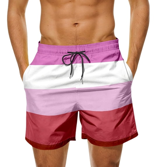XIAONU Stripe Swim Shorts for Men Drawstring Waist Side Pockets Beach Shorts