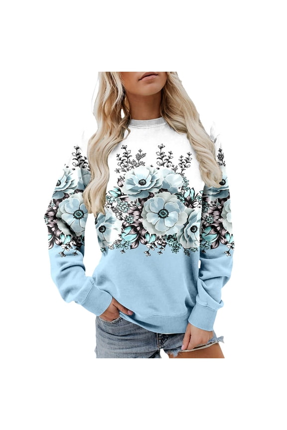 XIAONU Stylish Women Floral Graphic Sweatshirt Gradient Print Pullover Top Soft Casual Wear Sweatshirts Blue
