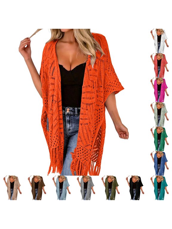 Summer Crochet-Lace Kimono for Women Fringe-Trimmed Short-Sleeve Everyday Casual Cover-Up