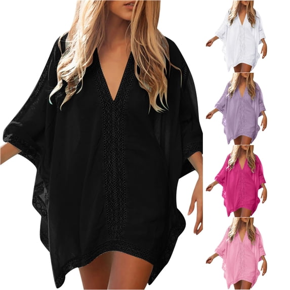 XIAONU Women's Lace Beach Cover Up Tunic V Neck Loose Summer Beach Swim Cover Gown