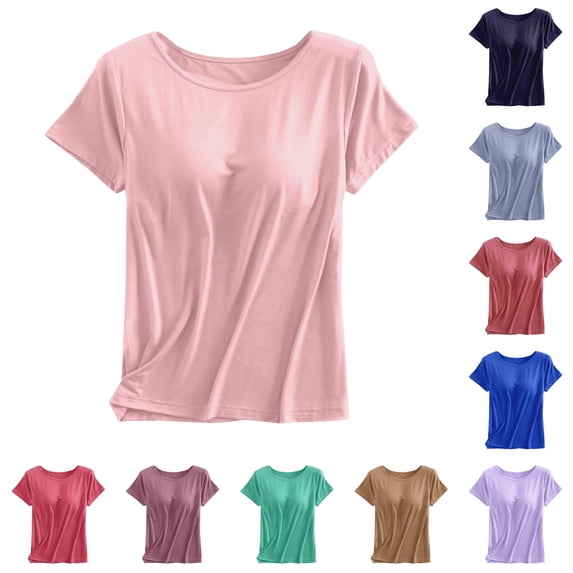 XIAONU Summer Women's Built-In Bra Crew Neck T-Shirt Short Sleeve Everyday Casual Basic Tee