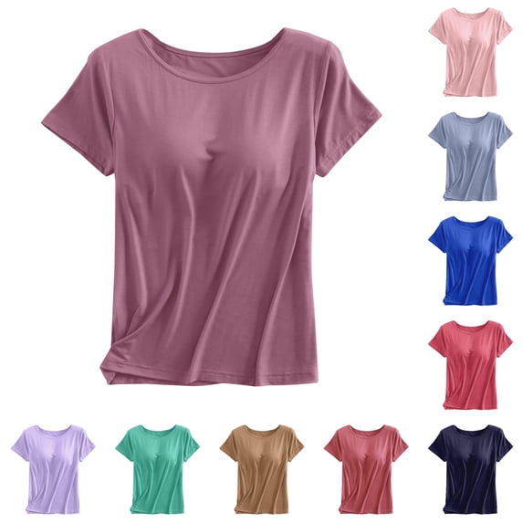 XIAONU Summer Women's Built-In Bra Crew Neck T-Shirt Short Sleeve Everyday Casual Basic Tee