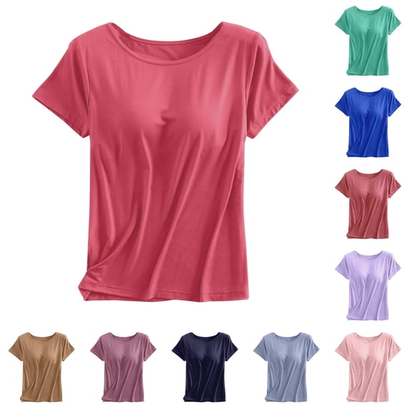 XIAONU Summer Women's Built-In Bra Crew Neck T-Shirt Short Sleeve Everyday Casual Basic Tee