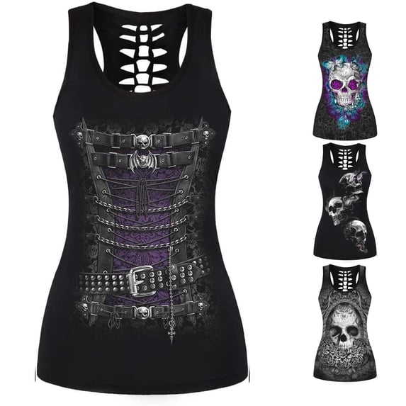 XIAONU Summer Women's Cutout-Back Graphic Tank Top Sleeveless Gothic Casual Everyday Top
