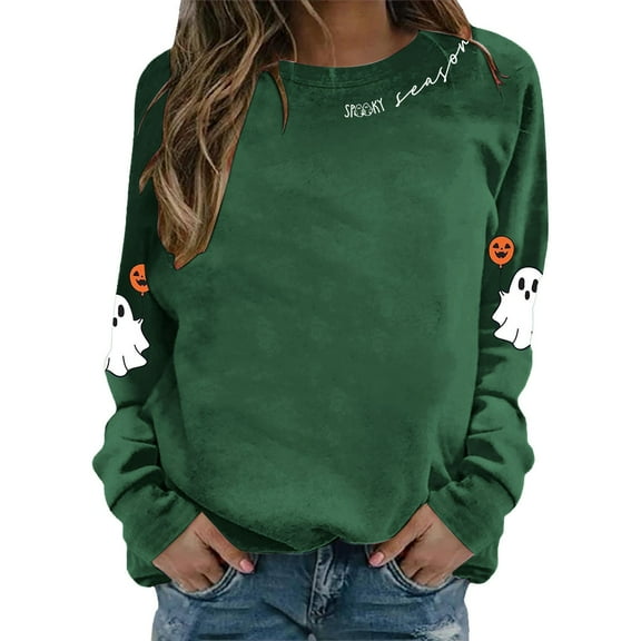 XIAONU Sweatshirts For Womens Halloween Cute Ghost Long Sleeve Printed Tops Pleasure Baggy Crewneck Pullover Sweatshirt