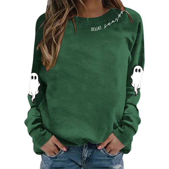 XIAONU Sweatshirts For Womens Halloween Cute Ghost Long Sleeve Printed Tops Pleasure Baggy Crewneck Pullover Sweatshirt