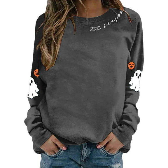 XIAONU Sweatshirts For Womens Halloween Cute Ghost Long Sleeve Printed Tops Pleasure Baggy Crewneck Pullover Sweatshirt