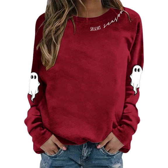 XIAONU Sweatshirts For Womens Halloween Cute Ghost Long Sleeve Printed Tops Pleasure Baggy Crewneck Pullover Sweatshirt