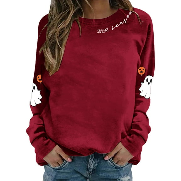 XIAONU Sweatshirts For Womens Halloween Cute Ghost Long Sleeve Printed Tops Pleasure Baggy Crewneck Pullover Sweatshirt