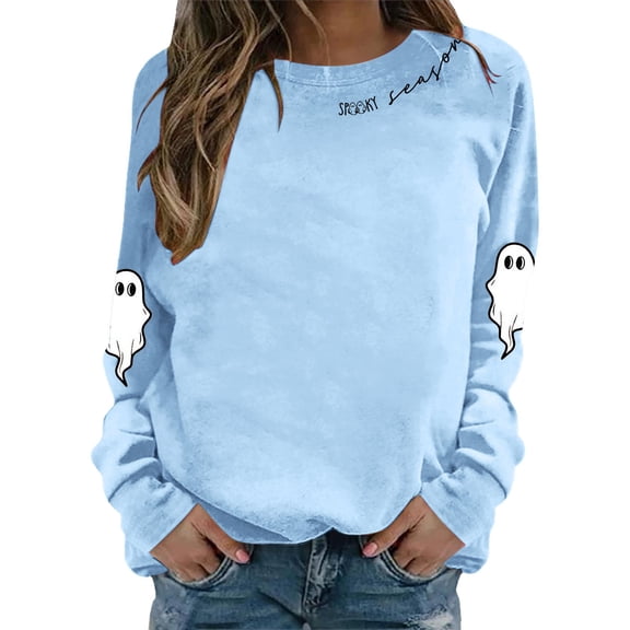 XIAONU Sweatshirts For Womens Halloween Cute Ghost Long Sleeve Printed Tops Pleasure Baggy Crewneck Pullover Sweatshirt