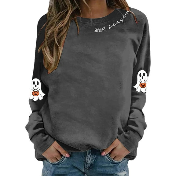 XIAONU Sweatshirts For Womens Halloween Cute Ghost Long Sleeve Printed Tops Pleasure Baggy Crewneck Pullover Sweatshirt