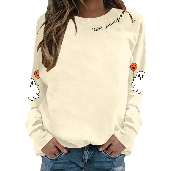 XIAONU Sweatshirts For Womens Halloween Cute Ghost Long Sleeve Printed Tops Pleasure Baggy Crewneck Pullover Sweatshirt