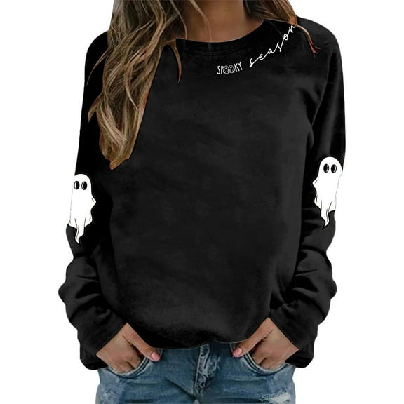XIAONU Sweatshirts For Womens Halloween Cute Ghost Long Sleeve Printed Tops Pleasure Baggy Crewneck Pullover Sweatshirt