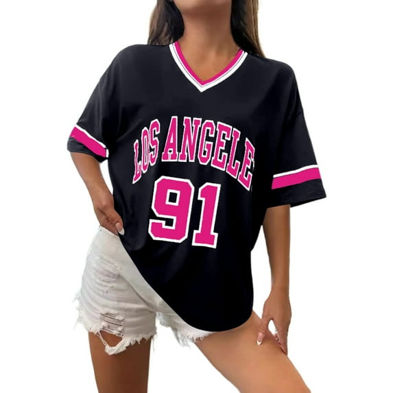 XIAONU T Shirts For Women Letter Print V-Neck baggy pleasure Sporty T-Shirt Short Sleeves Oversized Trendy T Shirts