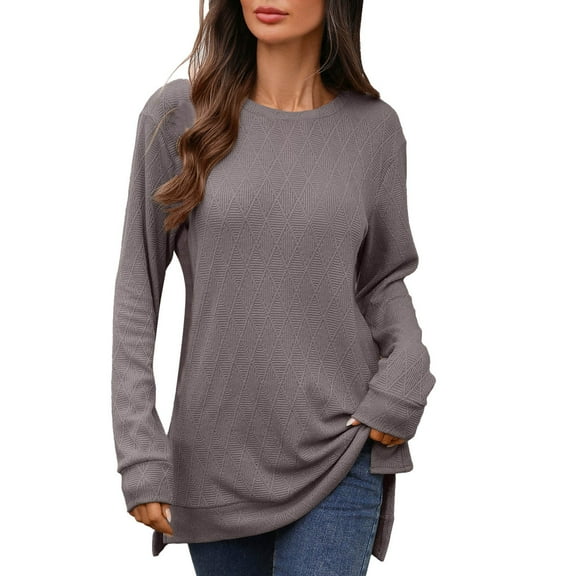 XIAONU T Shirts For Womens pleasure Geometric Jacquard baggy Fit Long Sleeve Round Neck T Shirt Comfortable Knit Top For Daily Wear